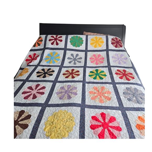 Quilt Dresden Plate NEW 90's handmade Colorful Blue Binding 8'6x7' Cotton - Picture 1 of 7